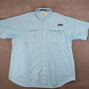 Columbia Super Bahama Mens L G Gingham Short Sleeve Fishing Shirt Teal White‎